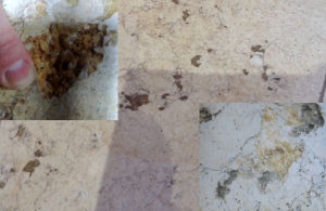 Rust stains in Limestone after spalling